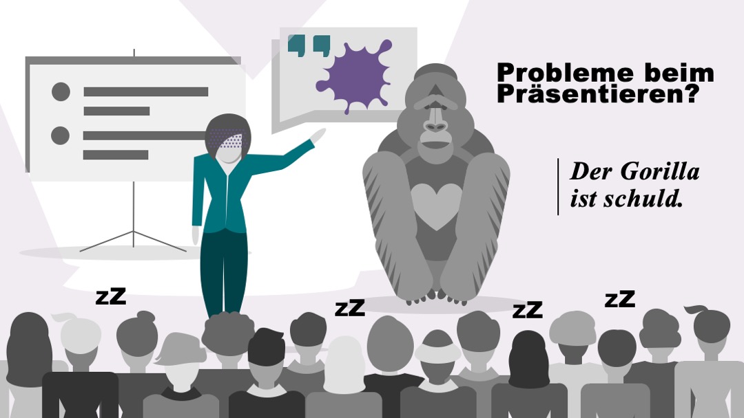 Erschöpfte Person und Gorilla auf einer Bühne vor schlafendem Publikum